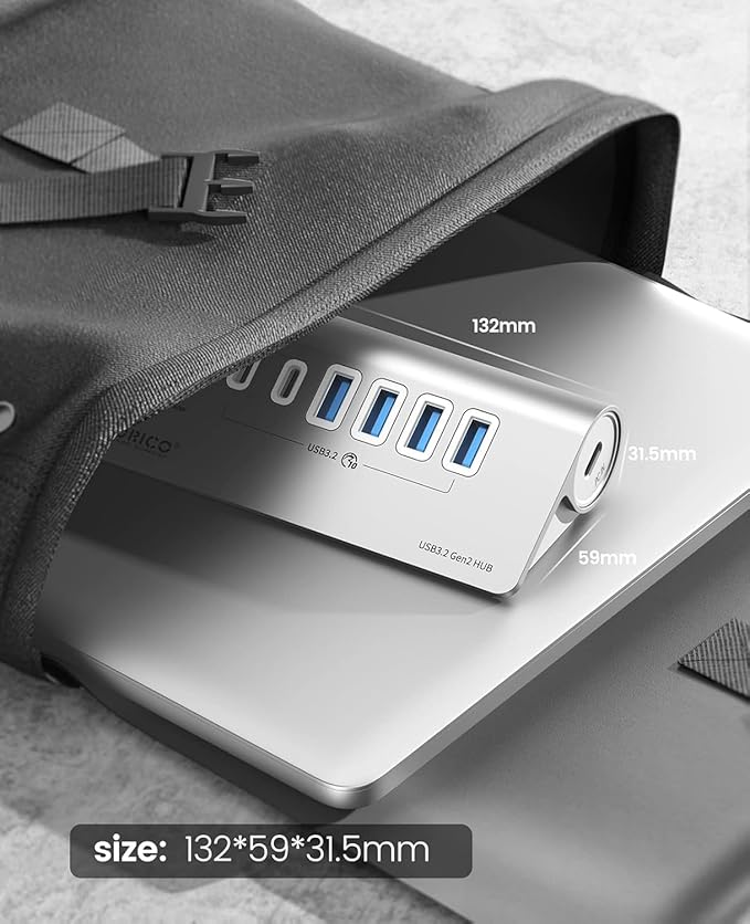 ORICO 7 Port USB Hub 10Gbps Aluminum USB 3.2 Gen 2 Hub 6 USB 3.2 Data Ports 1 PD 60W Ports 24V 3A Power Adapter 3.28Ft A to C Cable USB Data Hub for Laptop