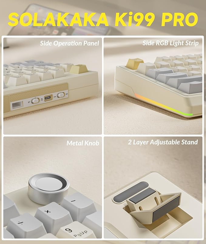 SOLAKAKA KI99 Pro 96% Wireless Gaming Keyboard RGB Creamy Keyboardw with Knob Hot-Swappable Pre-Lubed Switches Gasket Structure Mechanical Keyboards (Beige-White Non-Silent Version)