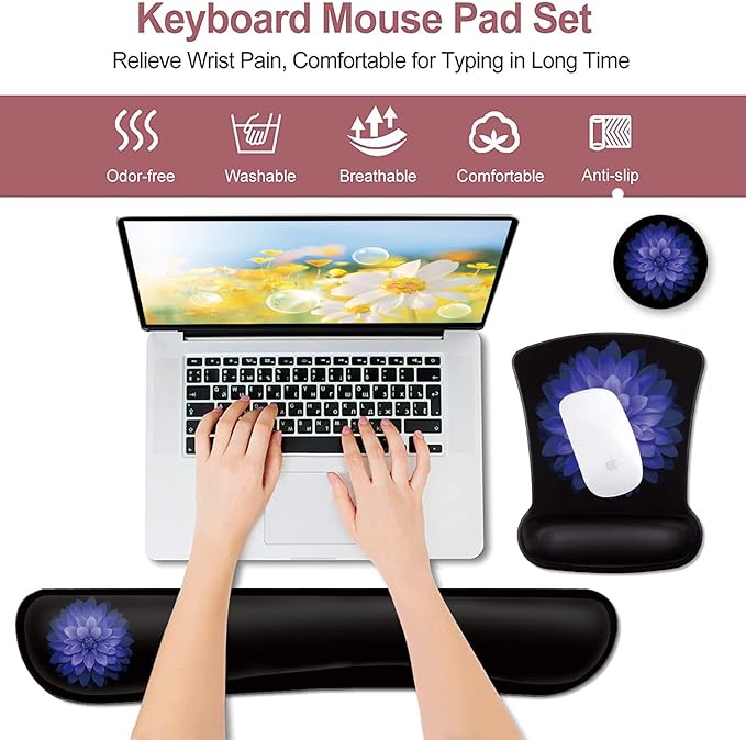 Computer Mouse Desk Pad and Keyboard Wrist Rest Watercolor Purple Flowers Beautiful Office Accessories Desktop Decoration Wireless Black MousePad for Women Typing Playing Games in The Office