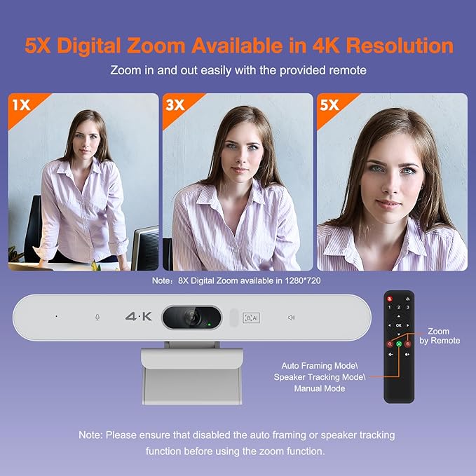 4K Video Conference Room Camera System with Remote Control AI Auto Framing&ampFocus Speaking Tracking Digital Zoom Webcam with Microphone and Speaker for Windows TV/PC/Laptop/Zoom/Teams/Skype