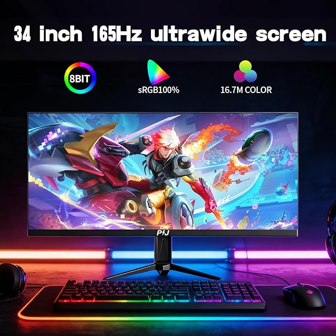 PIJ Gaming Monitor 34 inch IPS 165Hz Ultrawide PC Screen 3440×1440P Ultra-Thin Zero Frame Computer Display for Home Office Business DP HDMI Wall-Mounted Black