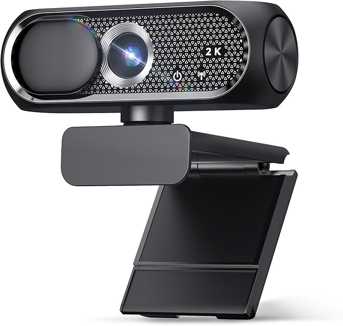 2K Webcam with Microphone Noise Cancellation Privacy Cover Wide-Angle Lens Auto Light Correction Plug &amp Play USB Webcam for Laptop Desktop PC Mac Zoom Skype Streaming (Black)