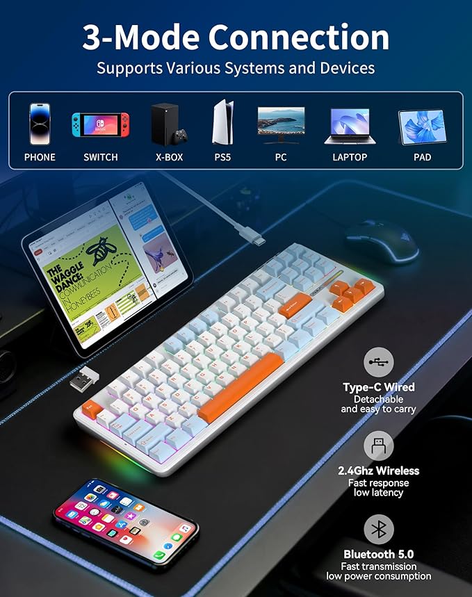 Aula F87 Pro Wireless Mechanical Keyboard 87-Key TKL Tri-Mode (BT5.0/2.4G/USB-C) Hot Swappable Gasket Mount Keyboard 4000mAh Battery RGB Backlit PBT Keycaps Custom Gaming Keyboard for PC Mac