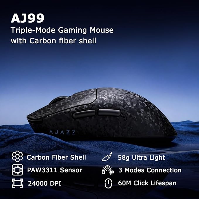 Ajazz AJ199 Wireless Gaming Mouse Carbon Fiber Shell Tri-Mode 2.4G/Bluetooth/USB-C 58g Ultra-Lightweight PAW3311 Sensor up to 24000 DPI 500mAh Battery for PC/Mac/Game/Travel Black