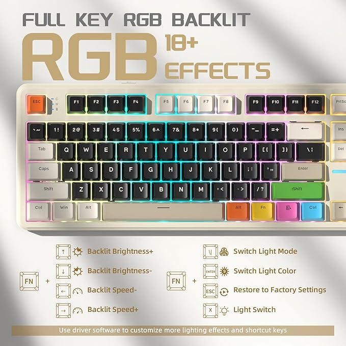 ATTACK SHARK X87 80% Wireless Mechanical Keyboard&ampColored KeycapsHot-Swap Gasket RGB Backlit 4000mAhPre-lubed Linear Switch PBT Keycap BT/2.4G/USB-C Gaming Keyboard for PC/MAC-Black(White&amp8