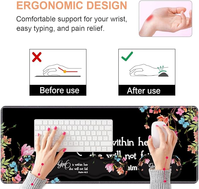 Ergonomic Keyboard Wrist Rest &amp Mouse Pad Wrist Rest SetLarge Gaming Desk Mat 31.5x 11.8 with Non-Slip BaseMemory FoamEasy Typing Pain Relief for Home &amp OfficeFloral Quote Bible Verse Ps