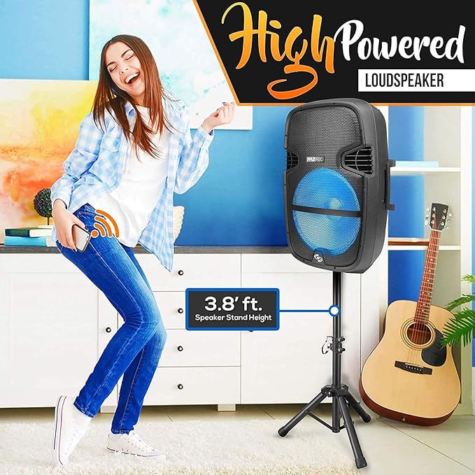 Pyle Portable Bluetooth PA Speaker System - 1000W Outdoor Bluetooth Speaker System w/Microphone in Party Lights USB SD Card Reader FM Radio Wheels - Remote Control Tripod PPHP1548B BLACKBLUE