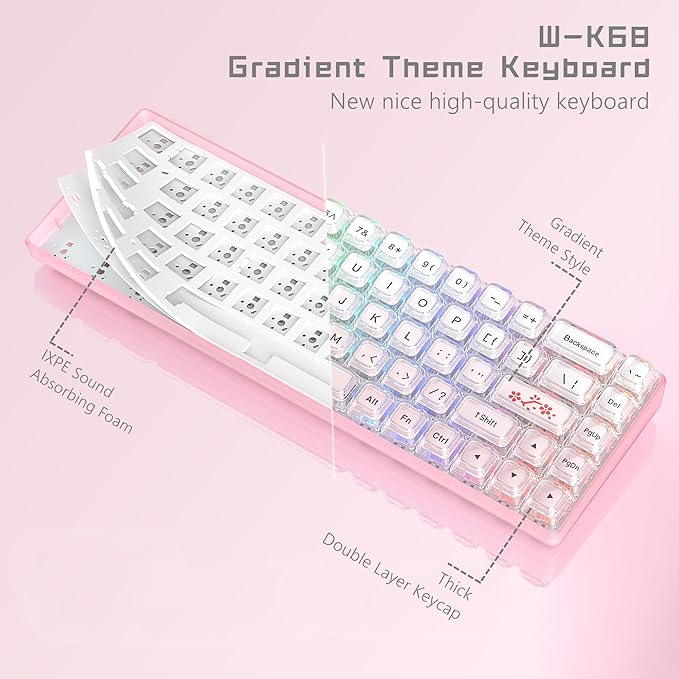 Womier 60% Keyboard Gaming Pink - Wired Creamy Mechanical Keyboard WK68 Hot-Swappable RGB Custom Mini Key Board with Arrow Keys/Software Supported Prelubrication Linear Switch (WK68-Pink)