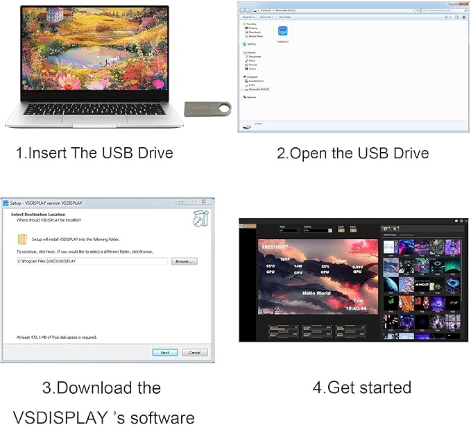 VSDISPLAY 8 Inch 1280x800 IPS LCD Monitor Portable Small Display Supports Theme Edit for Computer PC Case Inside Screen Monitoring CPU GPU RAM Temp DataBlack