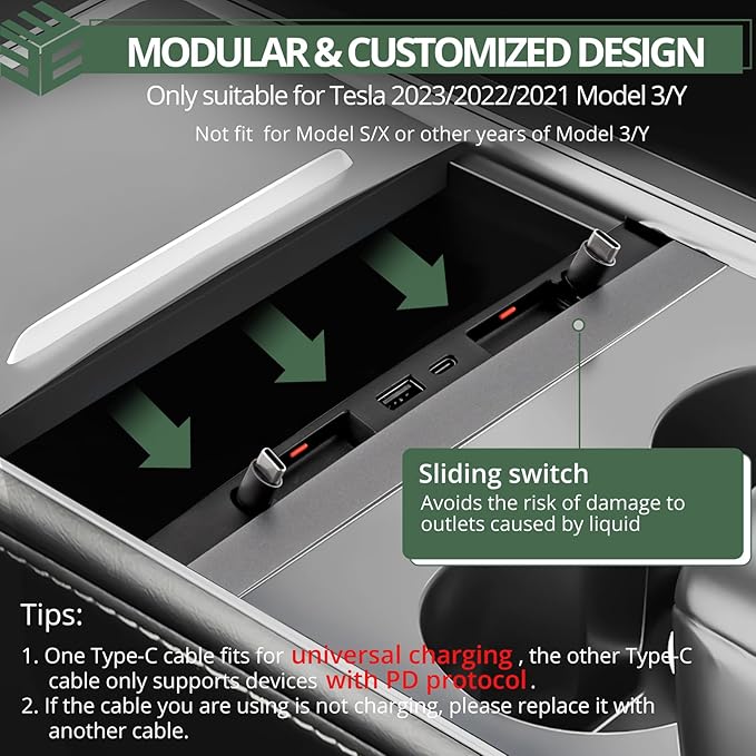 EYPINS USB Hub Suitable for TeslaRetractable Hub Docking Station for Tesla Model 3/Y 2021-2023Fast Charge Cable Adapter2pcs Type-C Retractable CablesCenter Console USB Hub Interior