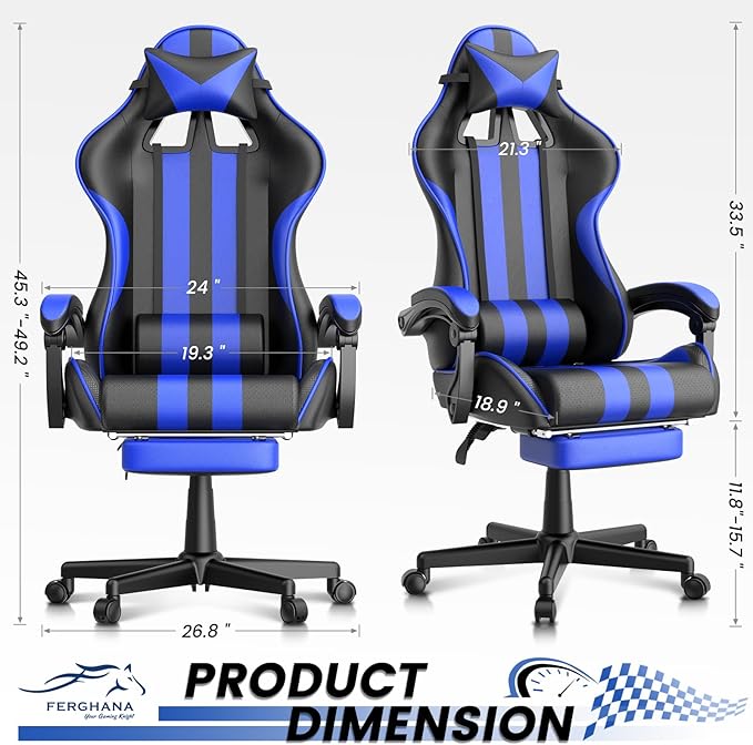Ferghana Blue Gaming Chairs with Footrest PC Gaming Chairs for Adults Teens Racing Style Luxurious Comfort Waterproof PU Leather