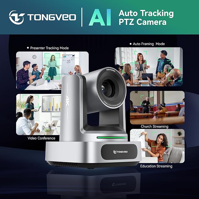 TONGVEO 4K AI PTZ Camera with 10X Optical Zoom &amp Bluetooth Conference Speakerphone Auto Tracking Video Conferencing System with 360° Voice Pickup HDMI USB Webcam for Church Zoom Teams