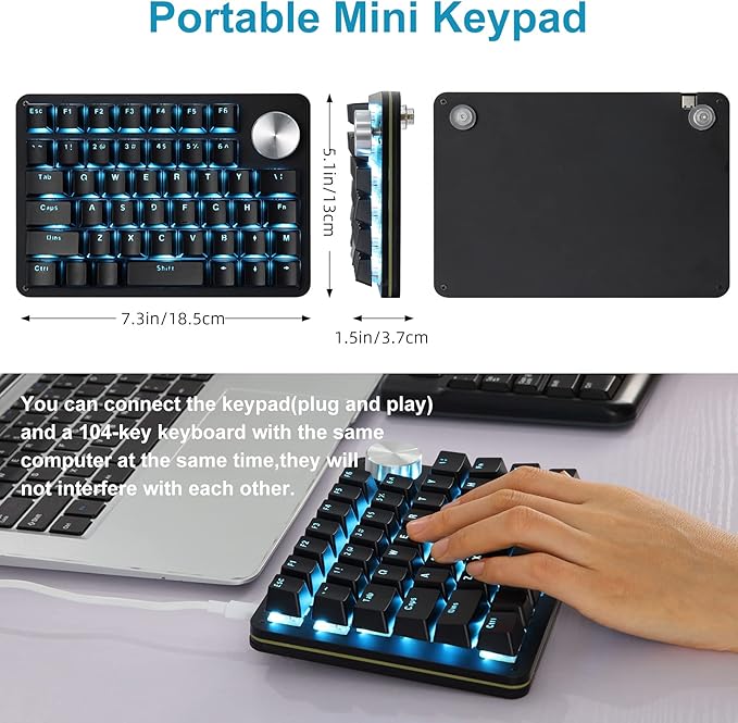 Koolertron One Handed Mechanical Gaming Keyboard with 24 Macro Keys 45-Key Fully Programmable Mini Keypad Mini USB Macro Keyboard with Rotating Knob Blue Backlit for Windows PC Gamers