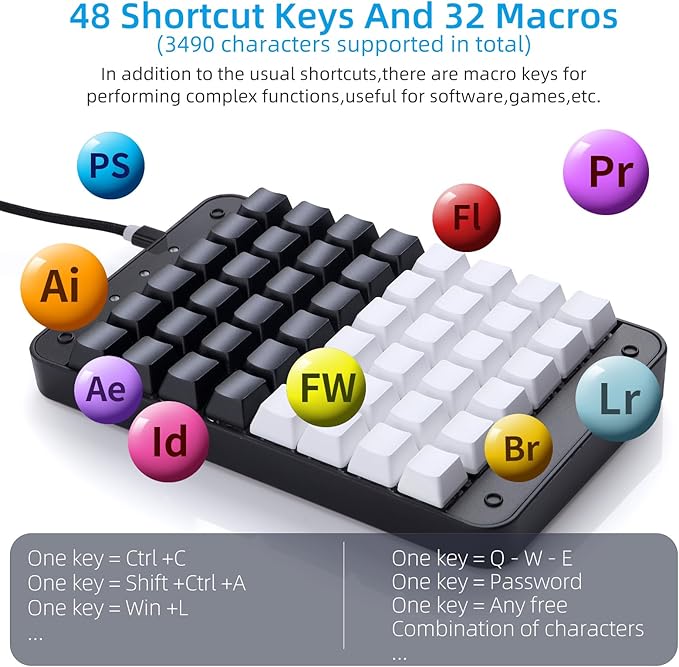 Koolertron One Handed Mechanical Gaming Keyboard 48 Keys Fully Programmable Mini USB Macro Keyboard with Red Switch for Gamers/Designers/Video Editor