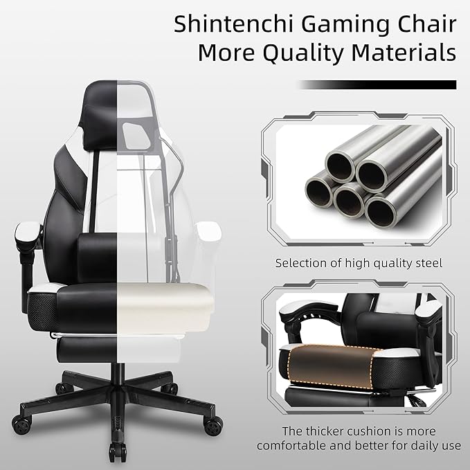 Shintenchi Gaming ChairVideo Game Chair with footrest and Massage Lumbar SupportHeight Adjustable Game Chair with 360°Swivel Seat Ergonomic Computer Chair with Headrest for Office or Gaming(White)