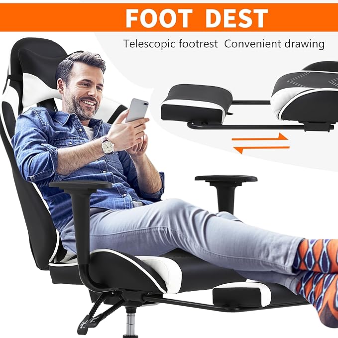High Back PU Leather Gaming Chair with Headrest &amp Lumbar Support Height Adjustable Wide Seat Gamer Chair for Adults Game Chair with Footrest &amp Armrest