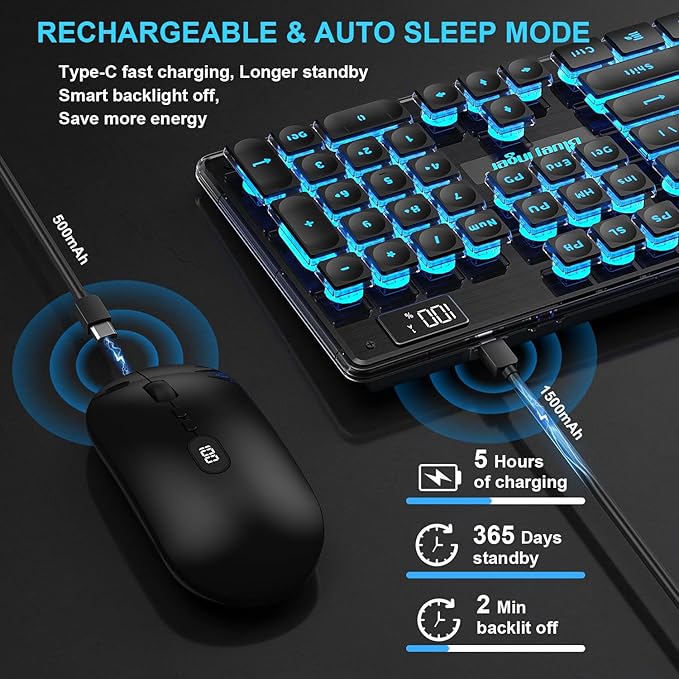 BlueFinger Wireless Gaming Keyboard and Mouse Combo Upgrade Battery Percentage Display Rechargeable Slim Gaming Keyboard Mouse Set Light Up Full-Size Keyboard Silent Mouse Set for Computer Laptop