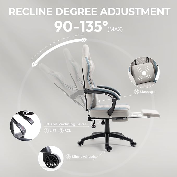 Dowinx Gaming Chair Breathable Fabric Game Chair with Gel Pad and Storage Bag Comfortable Gamer Chair with Pocket Spring CushionErgonomic Computer Chair with FootrestGrey
