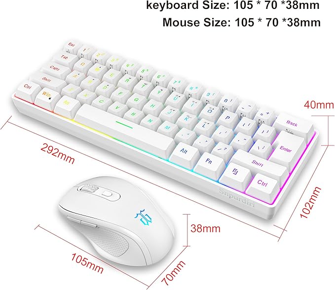 Snpurdiri 2.4G Wireless Gaming Keyboard and Mouse Combo Include Small 60% Merchanical Feel Ergonomic Design Mini Wireless Mouse(White)
