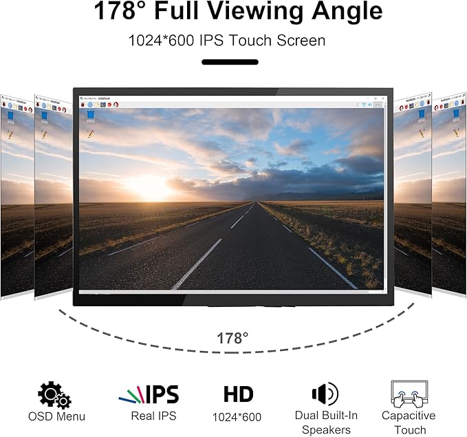 Touchscreen Monitor for Raspberry Pi 7'' IPS LCD Screen 1024 x 600 Smooth Touch Built-in Dual Speakers HDMI Input Compatible with Raspberry Pi 5/4/3/Zero Easy Set-up Driver-Free