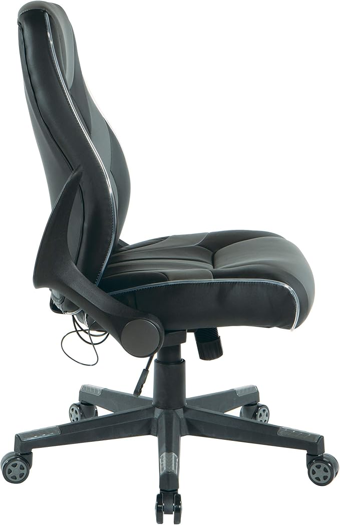 OSP Home Furnishings Output Mid-Back LED Lit Gaming Chair with Thick Padded Seat and Lumbar Support Black Faux Leather with Grey Trim and Accents