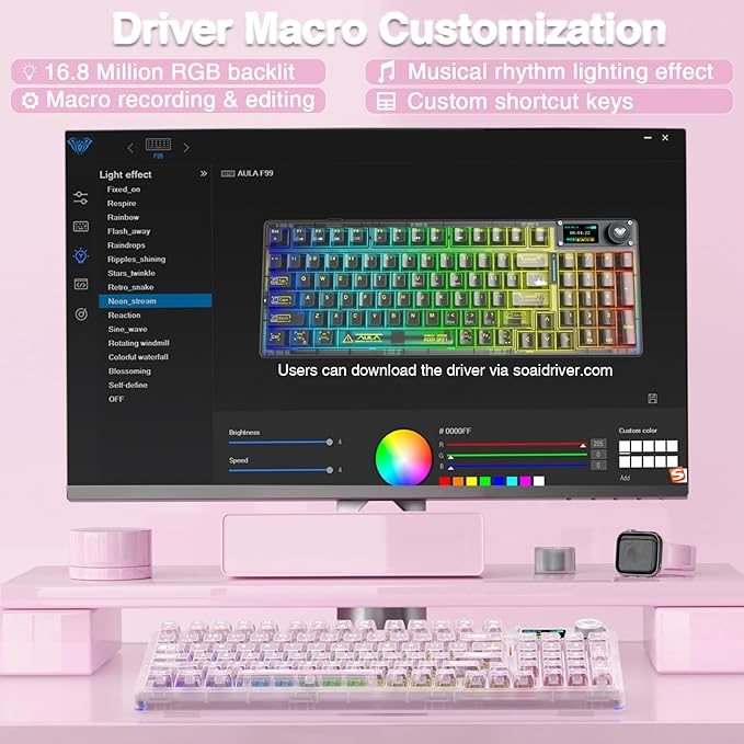 AULA F98 Pro V3 Wireless Mechanical Keyboard with Transparent KeycapsHot-swappablePre-lubed Linear SwitchesGasket StructureRGB BacklitTFT ScreenBT5.0/2.4G/USB-C Wired Computer Keyboard
