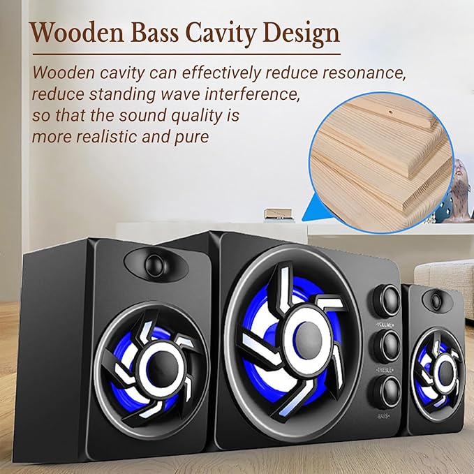Passive Bookshelf Speakers for PC Computer 2.1 Channel Home Stereo Theater Speakers Treble and Bass Adjustable 3D Surrounding Speaker 3.5mm AUX
