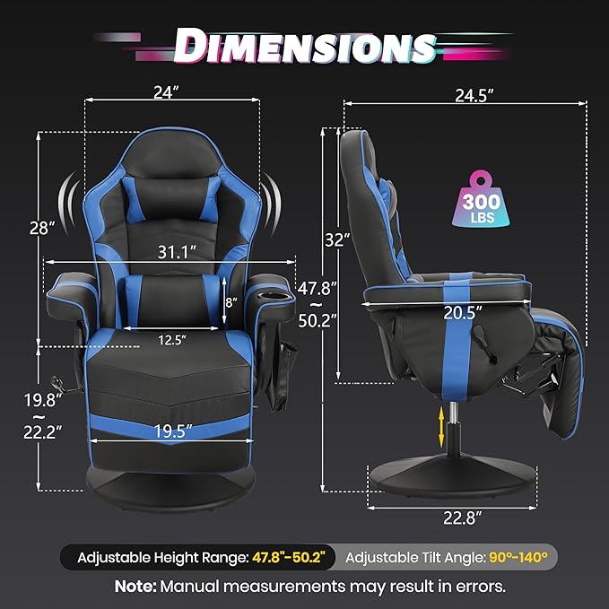 Game Reclining Chair with Adjustable Height PU Gaming Chair with Massage Long Footrest and Lumbar Support High Back Swivel Computer Game Chair for Adult(Blue)