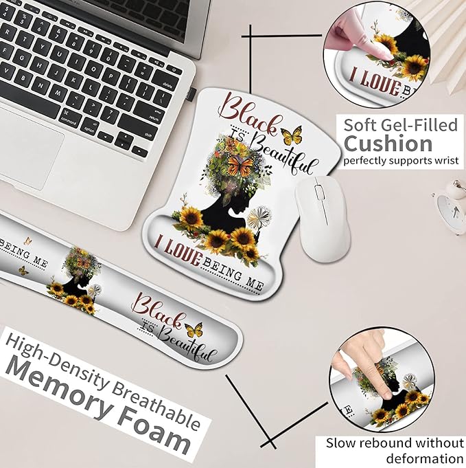 White Mouse Pad with Stitched Edge Non-Slip Rubber Base Black Women Butterfly Faith Art and Sunflower Office Accessories Desk Decor for Computers with Wrist Guard and Keyboard Wrist Guard Set