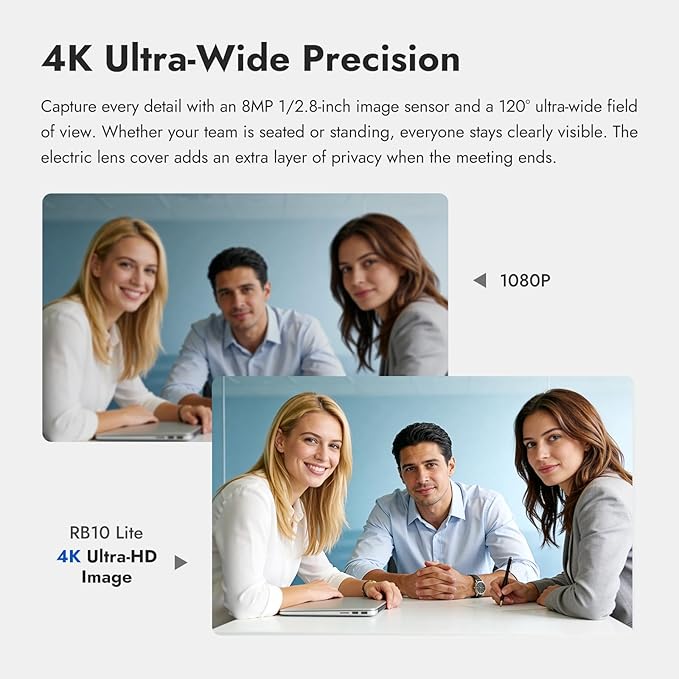ROCWARE RB10 Lite 4K Ultra HD All-in-One BYOD USB-C Videobar – 120° Ultra-Wide Camera AI-Powered Framing Beamforming Mic Array &amp Full-Range Speaker for Huddle Rooms and Remote Meetings
