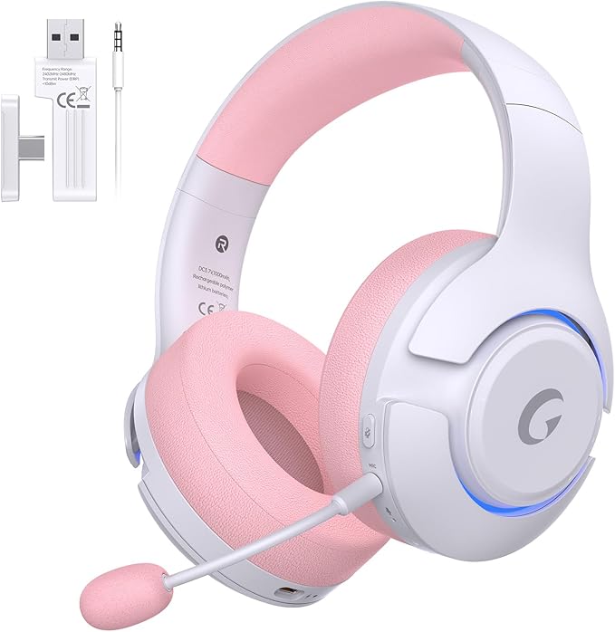 Gtheos Wireless Gaming Headset for ps5 ps4 Elden Ring PC Mac Switch Bluetooth 5.3 Gaming Headphones with Noise Canceling Microphone 45H Battery RGB Light Pink
