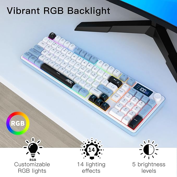 AOC GK210 Wireless Gaming Keyboard with Display &amp Knob Tri-Mode BT5.0/2.4GHz/Wired Connectivity RGB Backlit Keyboard with Number Pad 98-Key Layout 26-Key Anti-Ghosting Compatible for Mac Wind