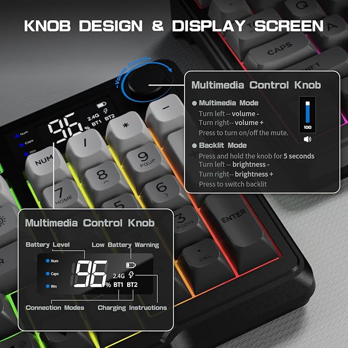 LexonElec M96 Wireless Keyboard Low Profile Quiet Typing Membrane Gaming Keyboard with Smart Display &amp Knob RGB Backlit USB C Rechargeable 94 Keys PBT Keycap for Windows PCMacLinux-Moonlit N