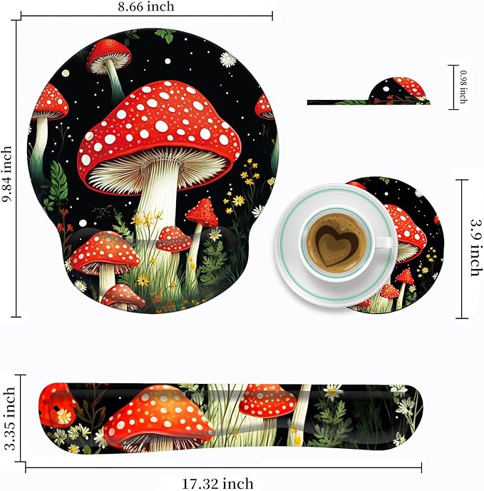 Keyboard Wrist Rest and Mouse Pad Wrist Support Set with CoastersErgonomic Gaming Mousepad for Home Office Working Studying Easy Typing &amp Pain ReliefCute Forest Mushroom