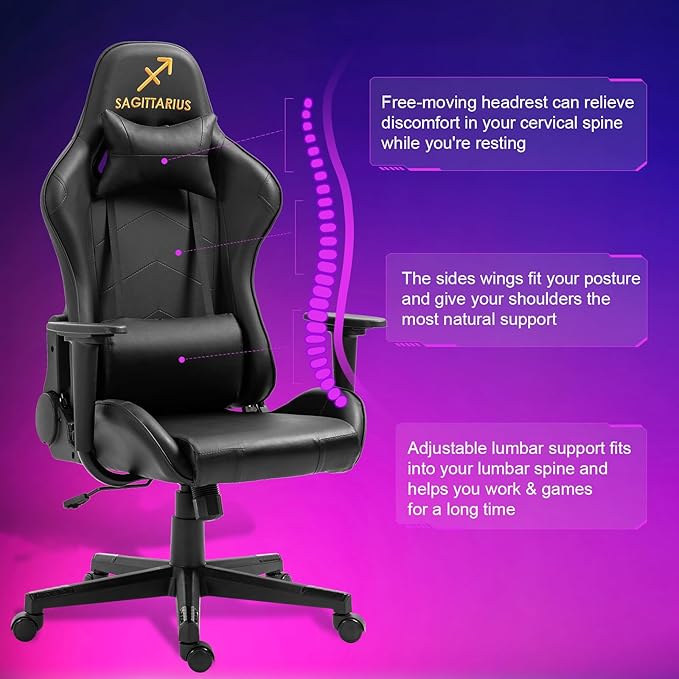 DIKEP Computer Gaming Chair Ergonomic Office Chair with Headrest and Lumbar Support PVC Leather Adjustable Swivel Rolling Chair with Wheels Black