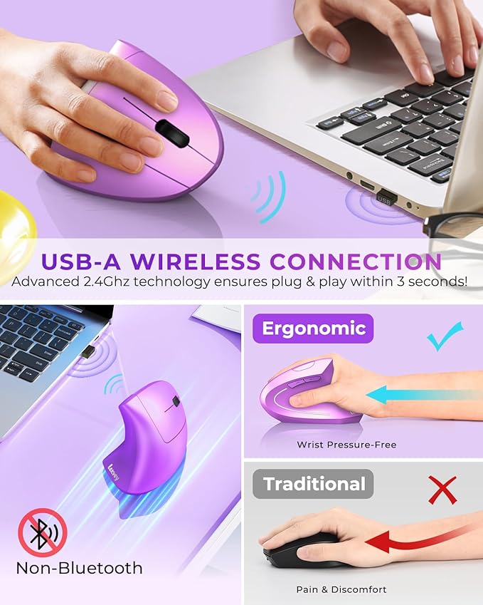 Lekvey Ergonomic Mouse Wireless Vertical Mouse Rechargeable 2.4 GHz Optical Carpal Tunnel Mice : 800/1200 / 1600 DPI 6 Buttons for Laptop PC Mac Computer Desktop Notebook etc Purple