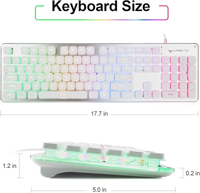 LANGTU Membrane Gaming Keyboard Rainbow LED Backlit Quiet Keyboard for Office USB Wired All-Metal Panel 25 Keys Anti-ghosting Computer Keyboard 104 Keys - L1 White/Silver