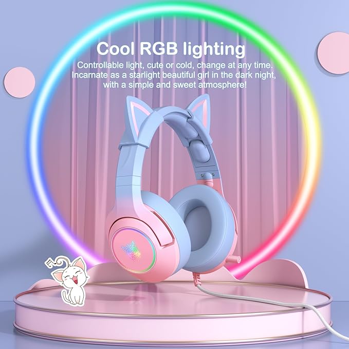 PHNIXGAM Gaming Headset for PS4 PS5 Cat Ear Headphones with Retractable Microphone RGB Backlight Surround Sound for PC Mobile Phone Gradient Pink Blue