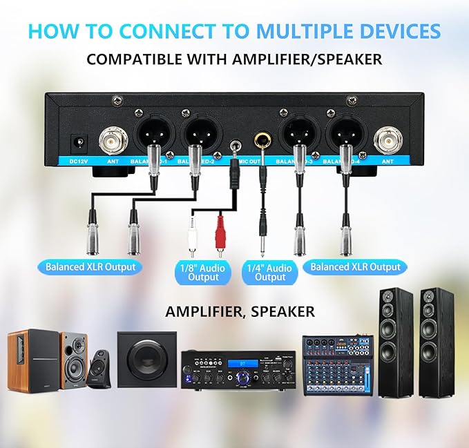 Rechargeable Wireless Microphone System 4 Channel Pro UHF Metal Headset Lavalier Lapel Mics Cordless for Church Karaoke Singing with Volume Control 4x50 Frequency(G8)