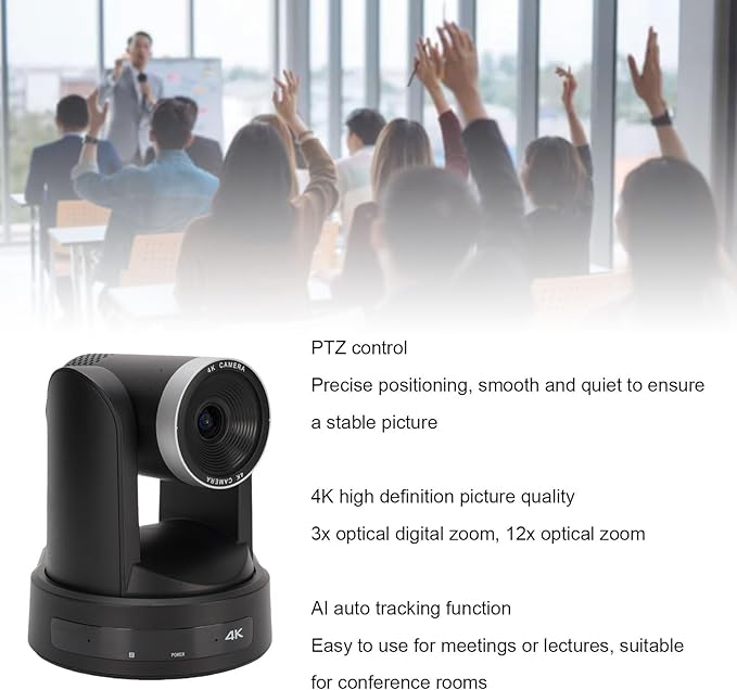 Yoidesu 4K Conference Room Camera System 12X Optical Zoom AI Auto Tracking PTZ Camera with CMOS Sensor 3X Digital Zoom Conference Room Webcam for Meeting Streaming (US Plug)