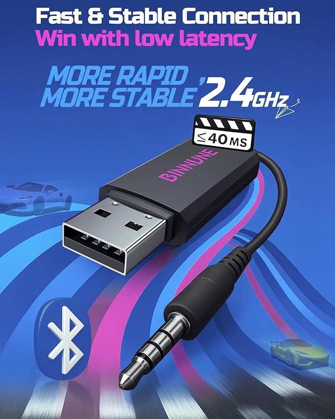 BINNUNE Wireless Gaming Headset — 2.4GHz Low-Latency USB Dongle + Bluetooth 50mm Drivers 7.1 Surround Noise-Cancelling Mic 40H Battery — Over Ear Wireless Headphones for PS5 PC Laptop Purple