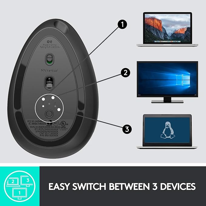 Logitech MX Vertical Wireless Mouse – Ergonomic Design Reduces Muscle Strain Move Content Between 3 Windows and Apple Computers Rechargeable Graphite