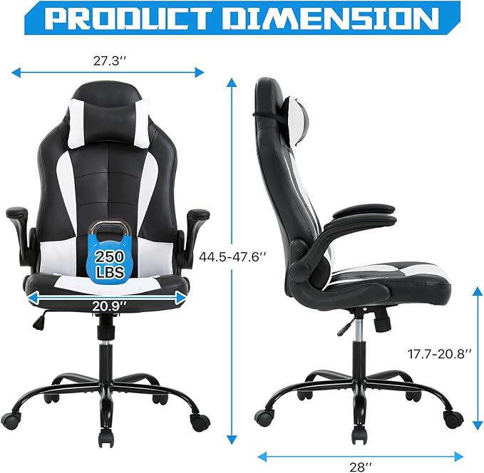 PC Gaming Chair - Ergonomic PC Office Chair w/Adjustable Lumbar Support &amp Headrest High Back PU Leather Computer Desk Chair for Adults (350lbs Capacity) (White)