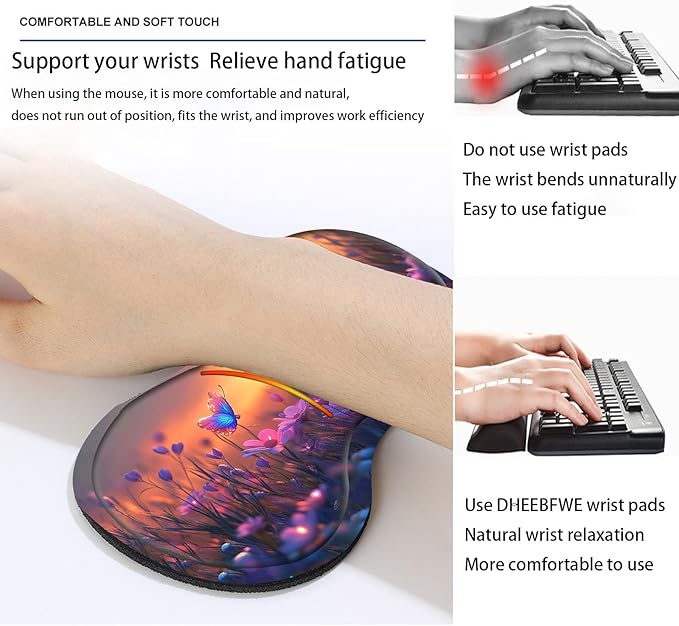 Keyboard Mouse Pad SetLarge Desk Pad+Keyboard Wrist Rest+Mouse Wrist Support+CoasterEasy Typing Pain Relief Non-Slip Wrist Support Mousepad Set Home OfficeGlowing Butterflies Flowers