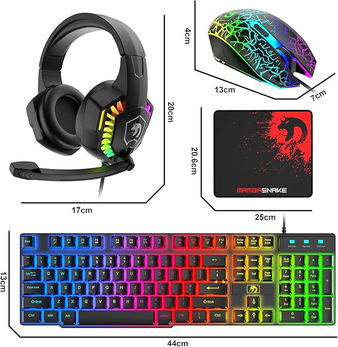 Wired Gaming Keyboard and Mouse Headset ComboRainbow LED Backlit Wired KeyboardOver Ear Headphone with MicRainbow Backlit Gaming MiceMouse Padfor PCLaptopMacPS4Xbox(Black)