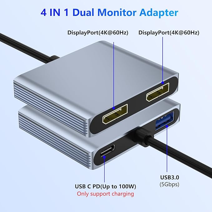 DisplayPort Splitter for Dual Monitors 4K@60Hz USB-C to DisplayPort Adapter Type-C Docking Station for Dell/HP/Mac Display Port MST Hub with USB3.0/PD Display Port Splitter for Dual Monitors