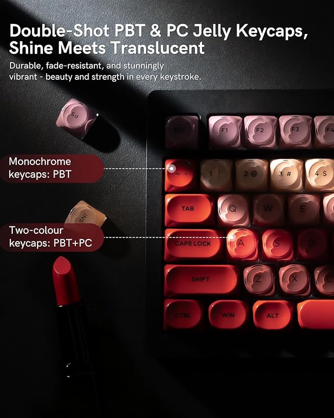 PBT Keycaps Glossy Red Lipstick Jelly Keycaps MOA Profile 128 Keys Elegant Cute Custom Key caps for 61/68/84/87/98/100 Cherry Gateron MX Mechanical Keyboards No Tear &amp Never Fades