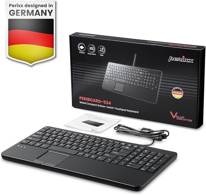 Perixx PERIBOARD-534 US Wired Compact USB Keyboard with Touchpad - X Type Scissor Keys - 15.63x7.80x1.18 inches - Build-in 2 USB Hubs and Number Pad