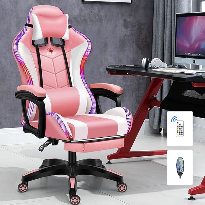 RGB Gaming Chair with Speakers and Massage Racing Computer Chair with Massage and Footrest for Office or Gaming. (Pink+White)