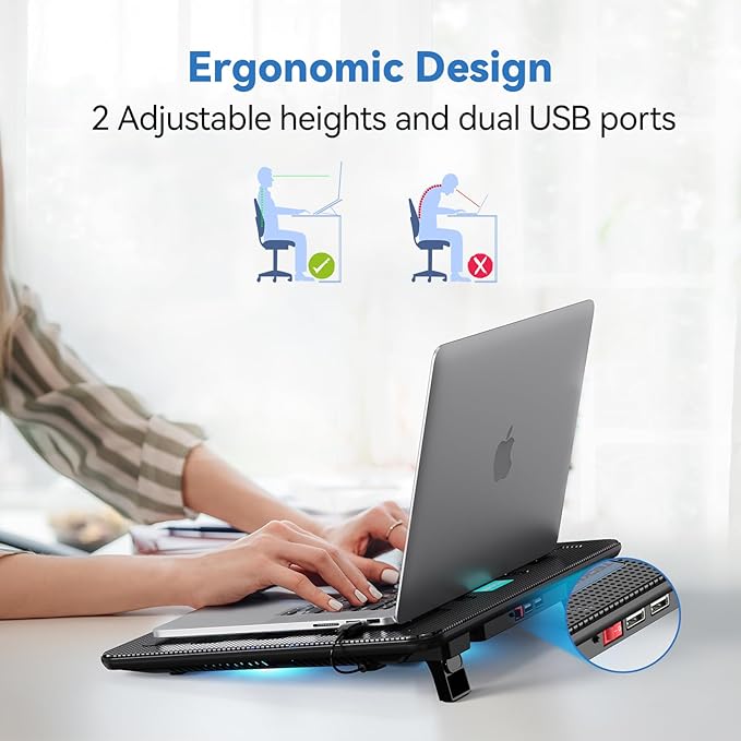 TECKNET Laptop Cooling Pad Portable Slim Quiet USB Powered Laptop Notebook Cooler Cooling Pad Stand Chill Mat with 3 Blue LED Fans Fits 12-17 Inches